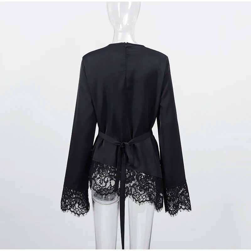 Top Casual con Inserti in Pizzo e Lacci, Pullover da Donna Slim con Cintura in Vita e Collo Tondo, Nuova Collezione Primavera 2026