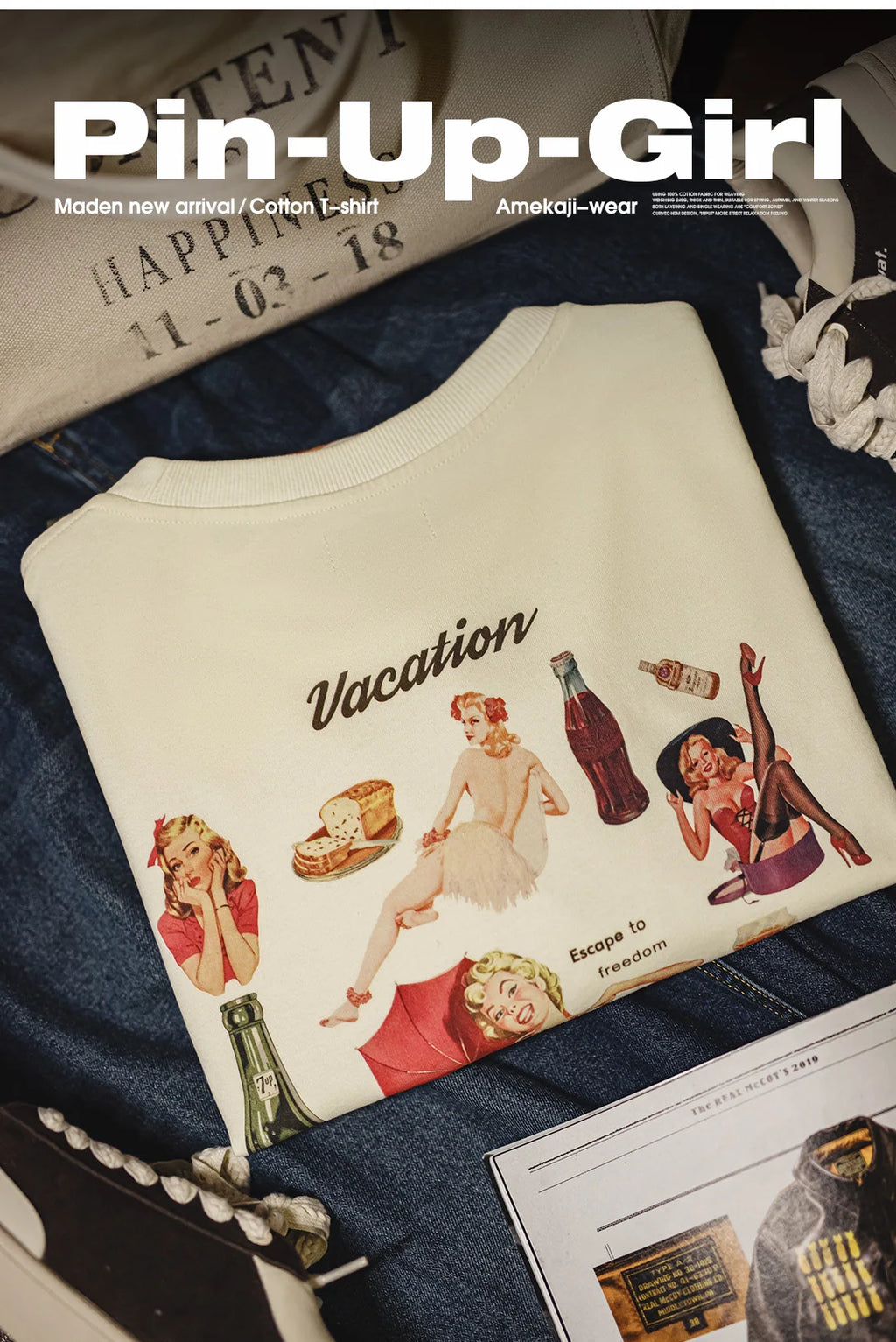 Maden T-shirt a maniche lunghe con stampa sul retro vintage Pullover ampio casual girocollo per top street-style da uomo primavera e autunno anni '60