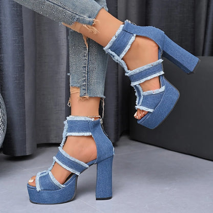 Sandales d'été pour femme Nouvelle plateforme en denim bleu Sangle de cheville Chaussures à talons hauts pour femme Sandales sexy à bout ouvert mode d'extérieur