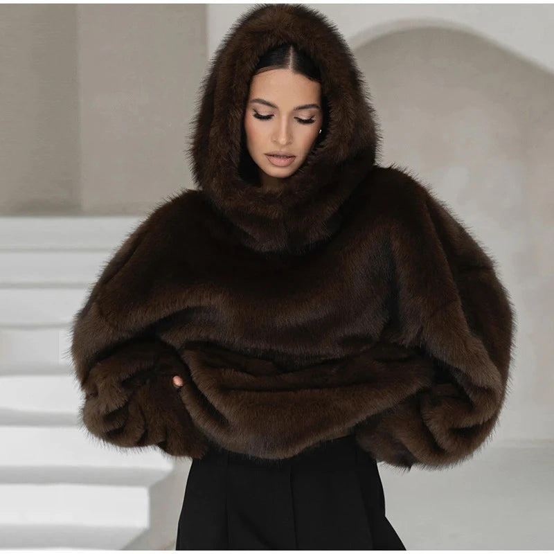 Cappotto da donna in pelliccia sintetica marrone con cappuccio Giacca da tasca a maniche lunghe di lusso oversize Lady 2025 Autunno Inverno Chic Street Capispalla