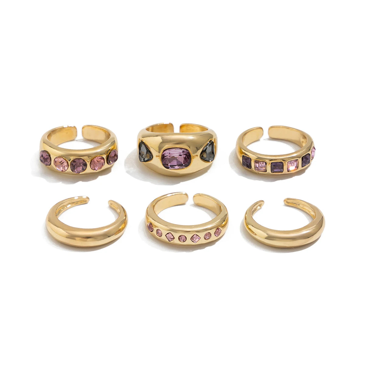 Salircon 6 Pz/set Intarsiato Zircone Viola Anello di Apertura Regolabile Set Donne Anello di Colore Oro Liscio per il Regalo Dei Gioielli Quotidiani Femminili