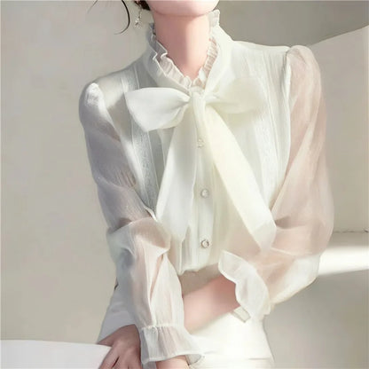 Camicie da donna in Chiffon estate 2023 camicette a maniche lunghe solide Y2k allentate con fiocco coreano nuovo Casual Blusa