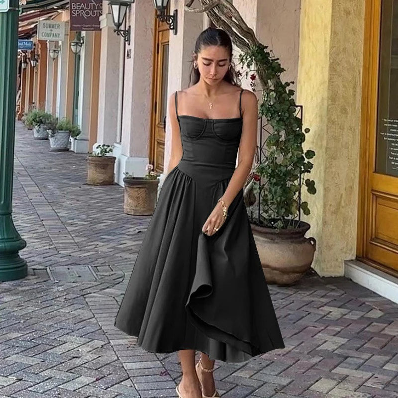 Elegante abito longuette con cinturino per spaghetti da donna Party Slim A Line Solid Bretelle Abiti da donna Nuova moda primavera estate Abiti sexy