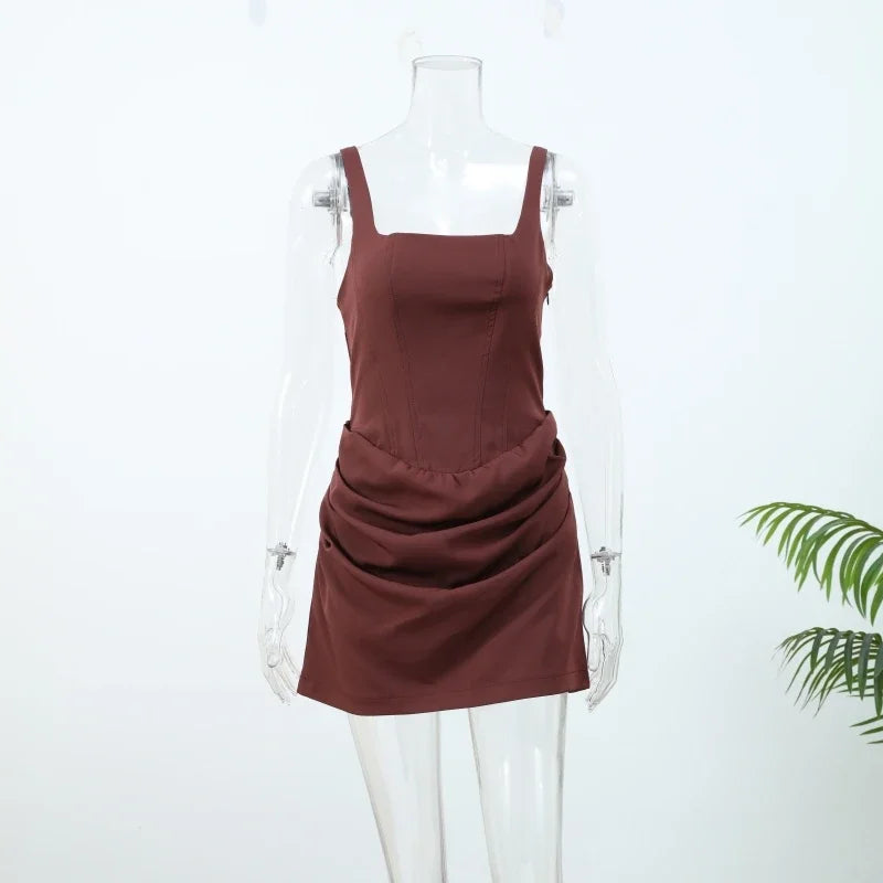 Abito mini fionda con orlo a pieghe Bown Donna Elegante scollo a U senza maniche Fasciatura senza schienale Abiti slim 2025 Abito estivo da donna