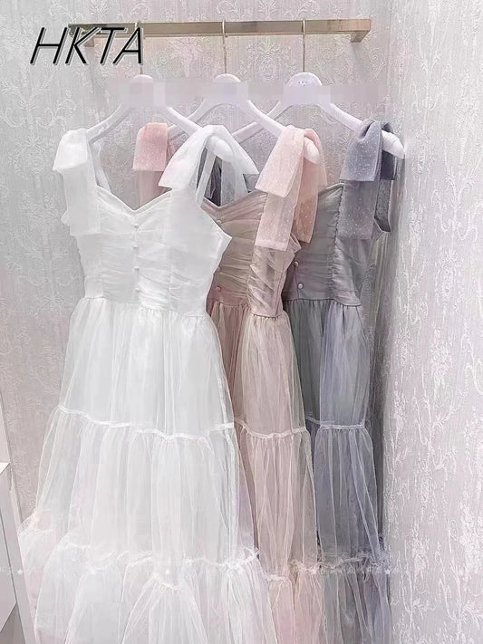 Abiti da donna di nicchia in stile giapponese Primavera Estate Autunno Ragazza Dolce fiocco Abito in rete Lolita Abito lungo con bretelle da fata carina