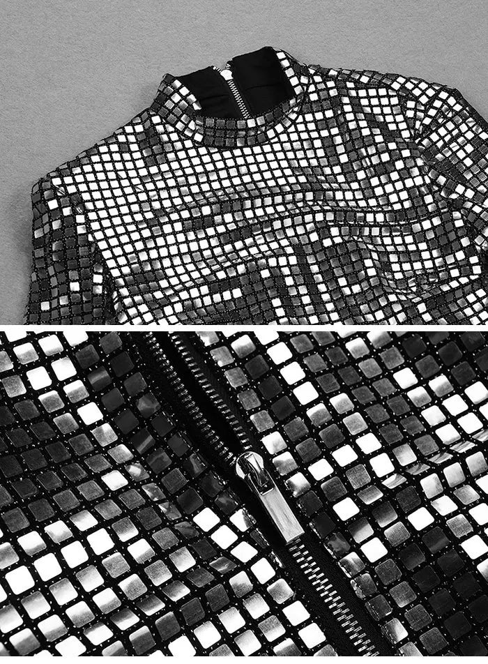 GACVGA Plaid Lucido Paillettes 2024 Autunno Inverno Vestito Delle Donne O-Collo Manica Lunga Sexy Aderente Mini Club Abiti Da Festa Abiti