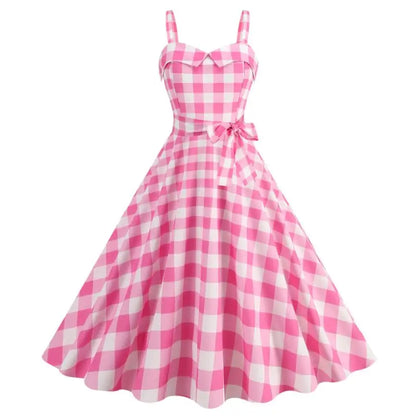 Abito estivo da donna Abito sexy con bretelle scozzese rosa retrò Abiti da festa di Natale Abito femme a vita alta