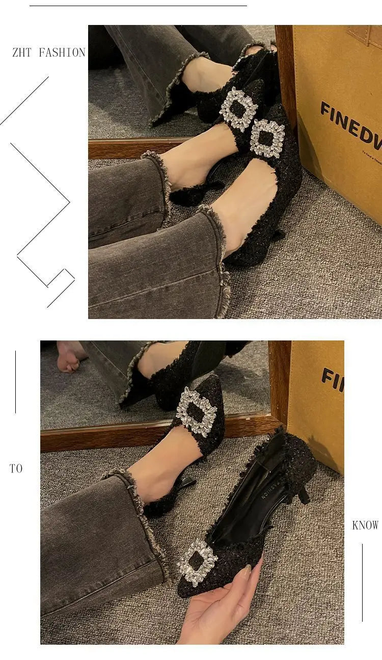 Stiletto Heels 2024 White Wedding Shoes Fashion Pointy Square Button Rhinestone Sandals Temperament Women's Women's Shoes