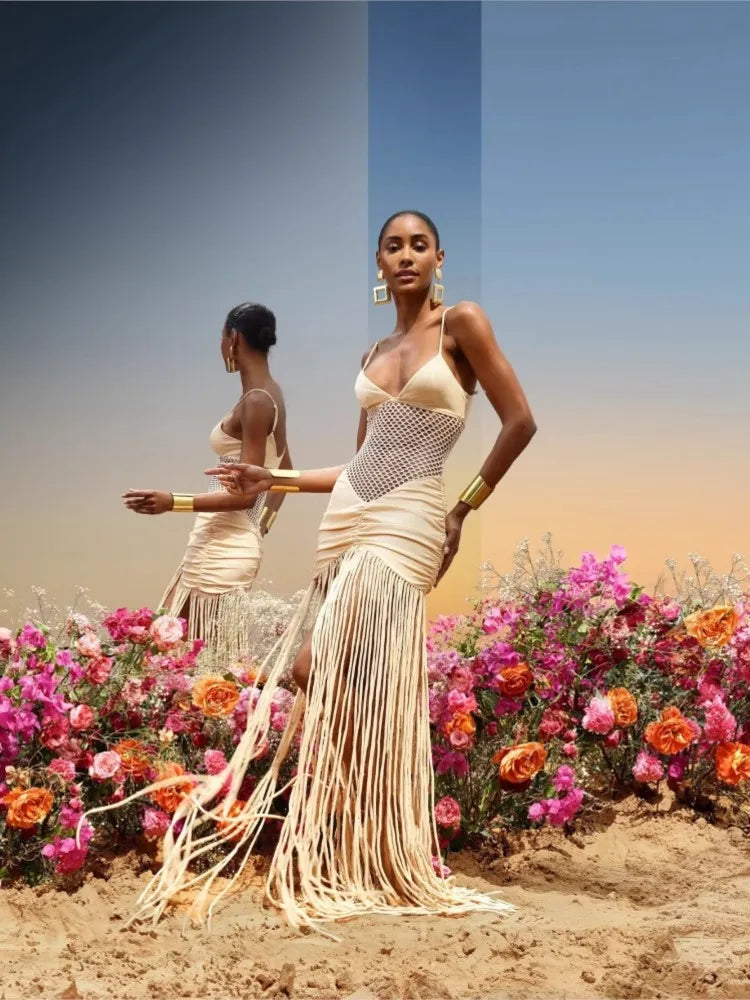 Abito con fionda con giunture sull'orlo con nappa Abito da donna sexy con vita scava fuori Abiti aderenti pieghettati elasticizzati Abito da spiaggia estivo solido femminile