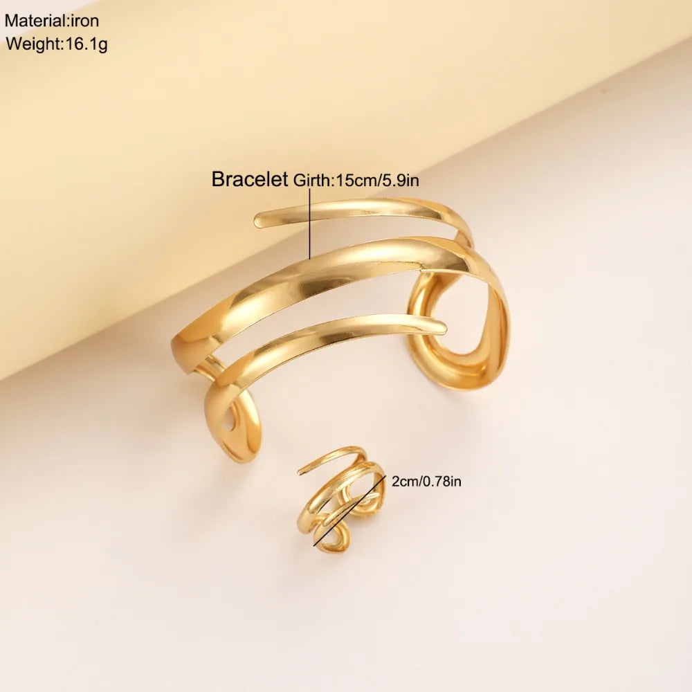 Ensemble de bijoux bracelet et bague épais européens et américains pour femmes, couleur or, ligne géométrique, combinaison bracelet et bague, ensemble cadeau