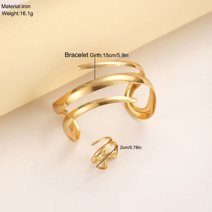 Ensemble de bijoux bracelet et bague épais européens et américains pour femmes, couleur or, ligne géométrique, combinaison bracelet et bague, ensemble cadeau