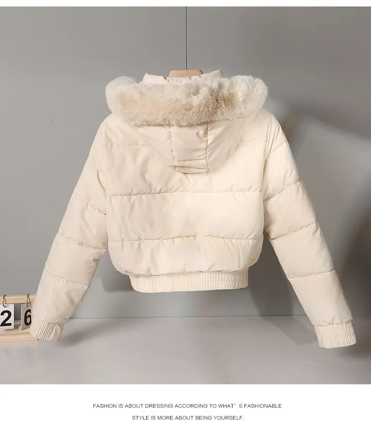 Parka corti invernali da donna, abbigliamento imbottito in cotone, capi esterni più spessi con interno in velluto, cappotti con collo in pelliccia e cappuccio removibile, giacche calde.