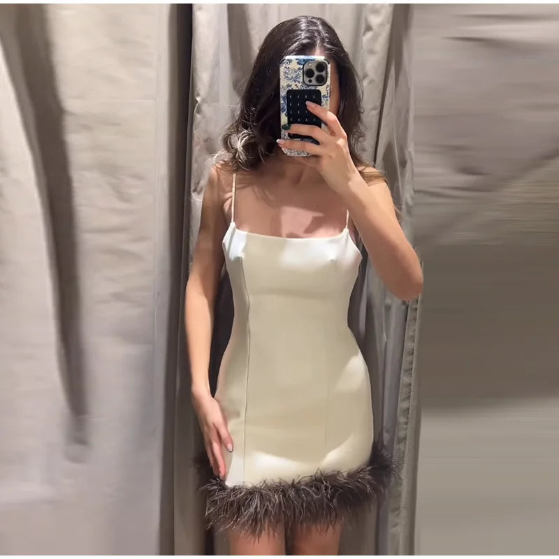 Abito Mini da Donna con Piume e Patchwork, Sexy, con Spalline, Scollo a Barca, Schiena Scoperta, Cerniere, Vestito Aderente da Donna 2026, Abito da Festa Elegante