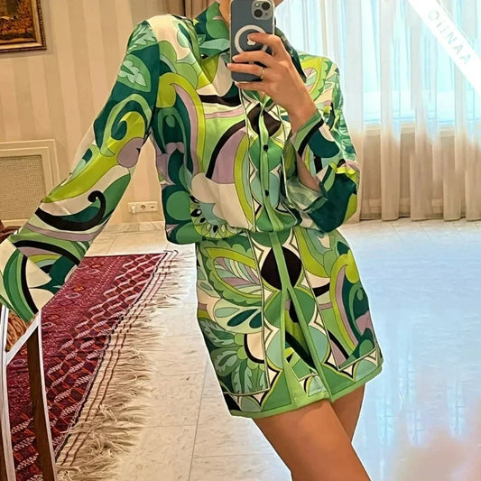 Summer Skirt Sets Women Tops Fashion Long Sleeve Plant Print Flower Shirt High Waist A-line Skirt Boho Beach Sets Y2k Skirt