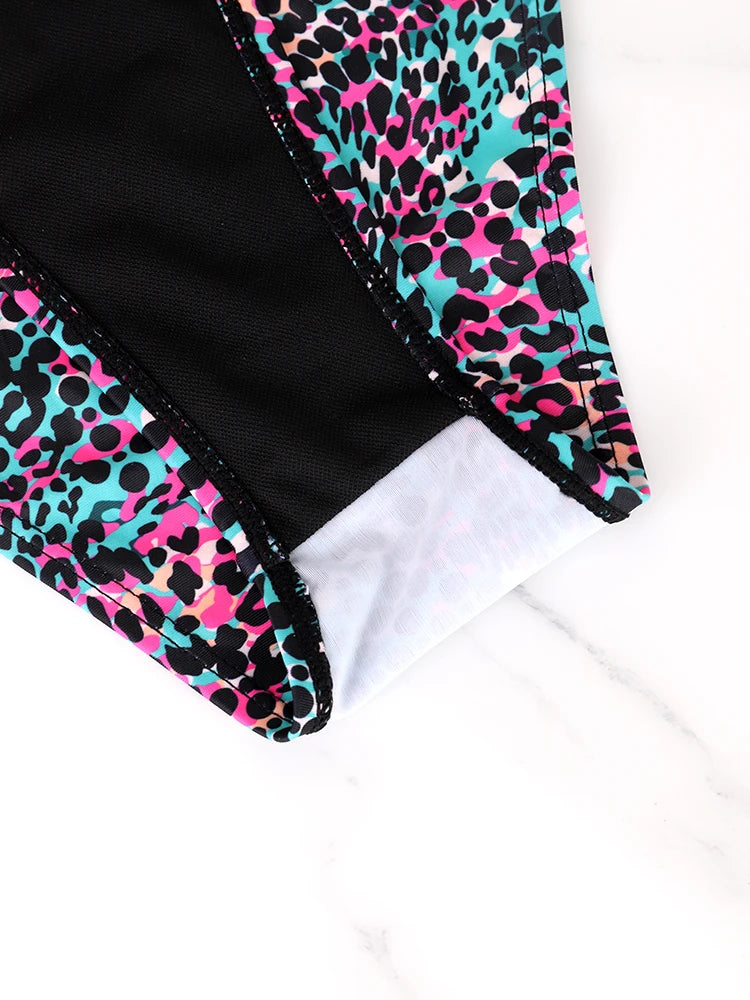 Zweiteiliges Damen-Bikini-Set mit Schlitz, sommerlich, mit Trägern und Schnürung, farbenfroher Tupfen-Print, Damen-Bikini, Strandurlaub-Badeanzug