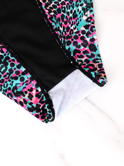 Zweiteiliges Damen-Bikini-Set mit Schlitz, sommerlich, mit Trägern und Schnürung, farbenfroher Tupfen-Print, Damen-Bikini, Strandurlaub-Badeanzug