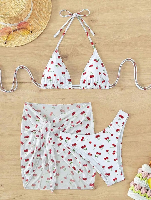 Il bikini da donna Frech chic con stampa ciliegia imposta tre pezzi con gonna a rete costume da bagno costumi da bagno costume da bagno abiti da spiaggia biquini