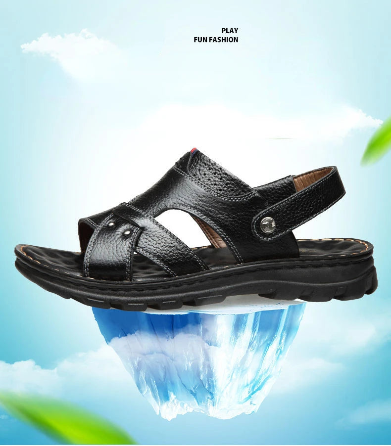 Herren-Ledersandalen für den Sommer, rutschfeste Herrenschuhe aus echtem Leder, Hausschuhe, Strandschuhe mit dicker Sohle für draußen, bequeme, weiche Herren-Sandalen