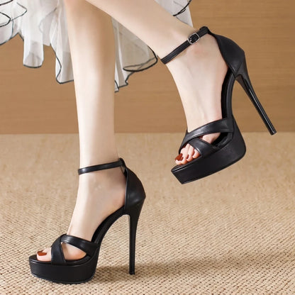 Sandales d'été à plateforme épaisse pour femmes, chaussures de défilé de super mannequin, talon haut fin de 14 cm, talon couvert noir, chaussures de soirée élégantes