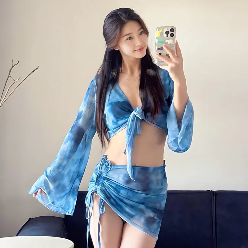 Women's Bikini Set Tie Dye Triangle Halter Top Bell Sleeve Cover Up Ruched Side Skirt Sexy Summer Beach Bathing Suit Swimwear