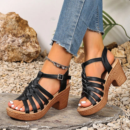 Cinturini in tessuto moda Sandali con tacco grosso Donna Estate Fibbia alla caviglia Scarpe con tacco alto Roma Donna Sandali con plateau open toe 36-42