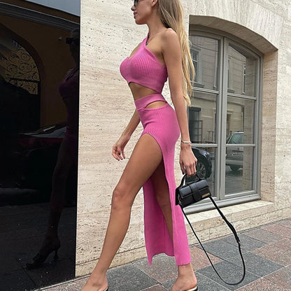 Summer women's fashion temperament slim fit sexy spicy girl outfit solid color slit thread skirt set