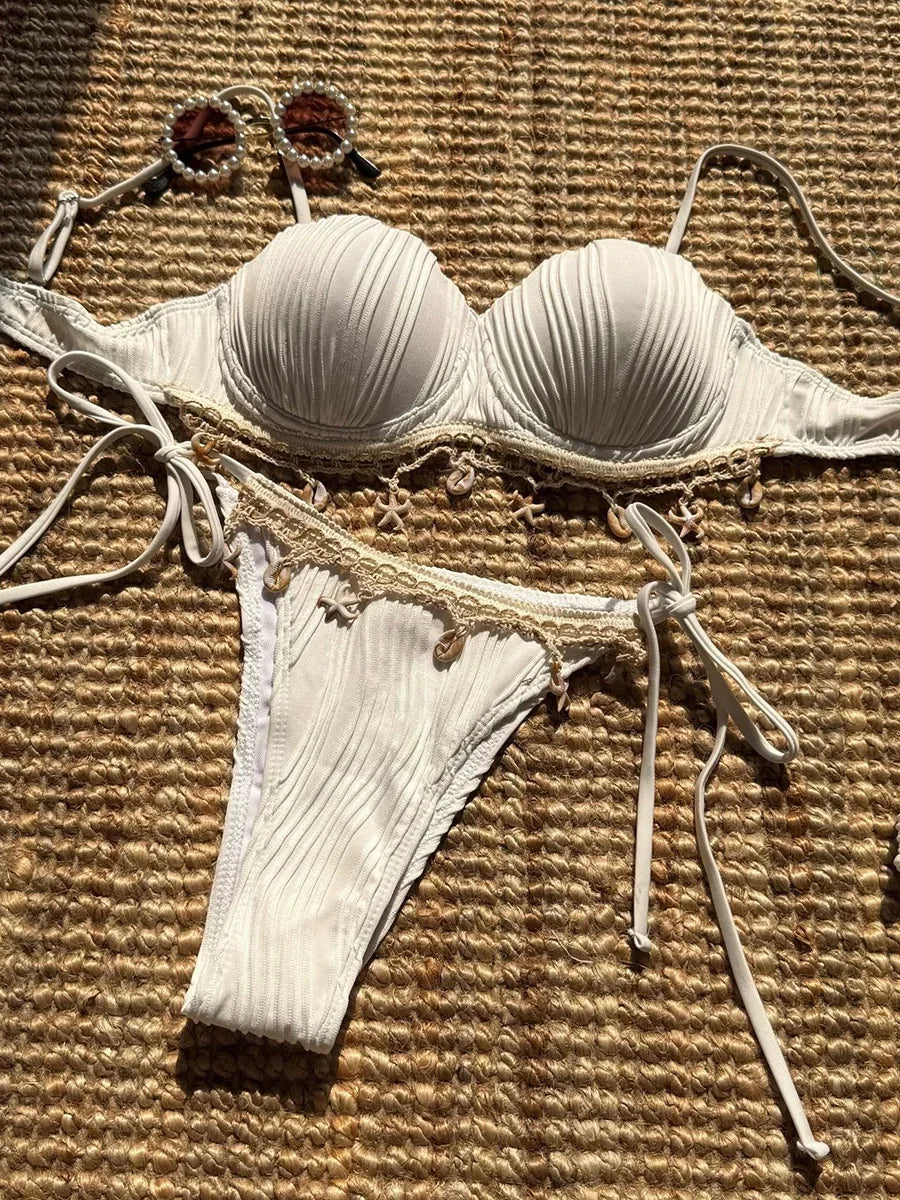 Maillot de bain deux pièces pour femme, bikini push-up, bonnet coque froncé, armature, maillot de bain, ensemble bikini