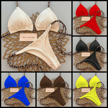 Sexy Bikini Women's Swimsuit Strap Halter Neck Triangle Cup Beachwear Pure Color Cheeky Two Piece Swimsuits Bathing Swimwear
