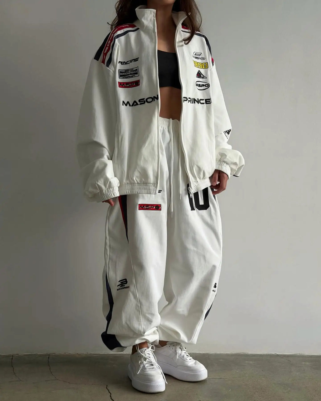 2026 Set Giacca e Pantaloni Sportivi Stile Harajuku Blu a Contrasto, Giacca con Ricamo Americano e Colletto Alto, Pantaloni a Gamba Larga