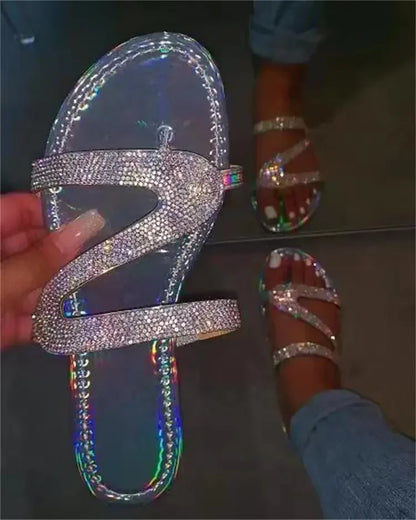 Sandales sexy pour femmes Plage d'été Bouche peu profonde Strass Défilé de mode pour femmes Chaussures confortables et légères Sandales féminines
