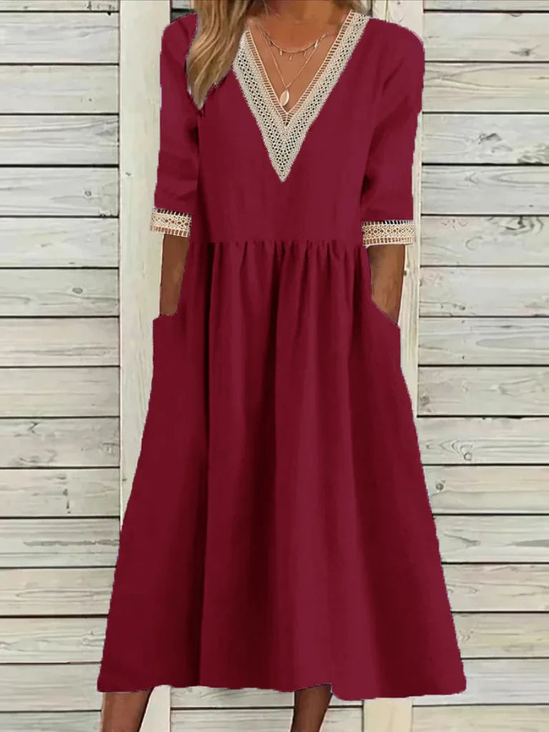 Abito Estivo da Donna 2026 Nuovo in Cotone e Lino a Mezza Manica con Scollo a V, Vestito Casual Chic Vintage con Inserti, Vestito Midi Ampio