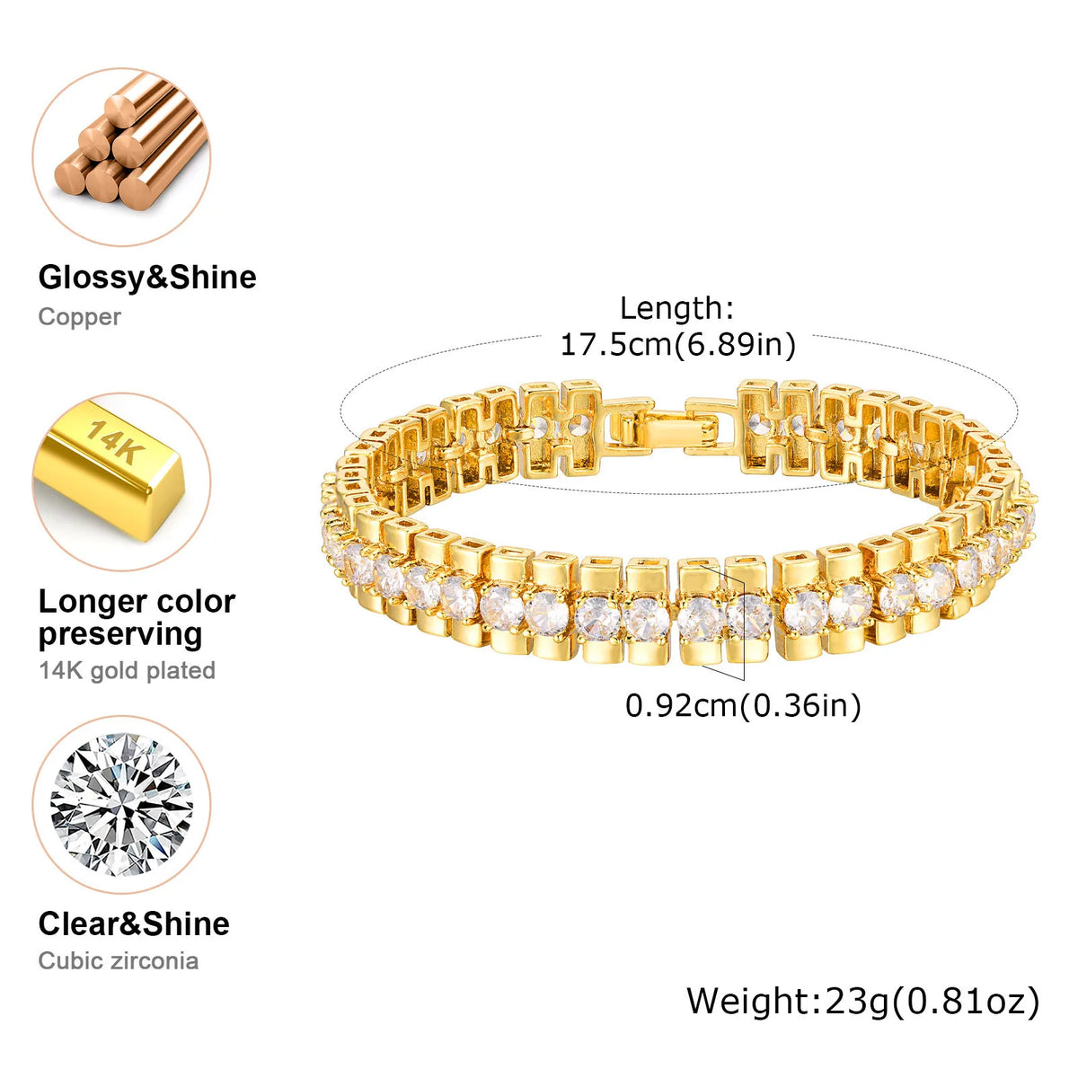 Bracciale a catena con graffetta Cinturino per orologio con zirconi placcati in oro 14 carati Collegamento grosso Gioielli impilabili regolabili per regalo per ragazza da donna