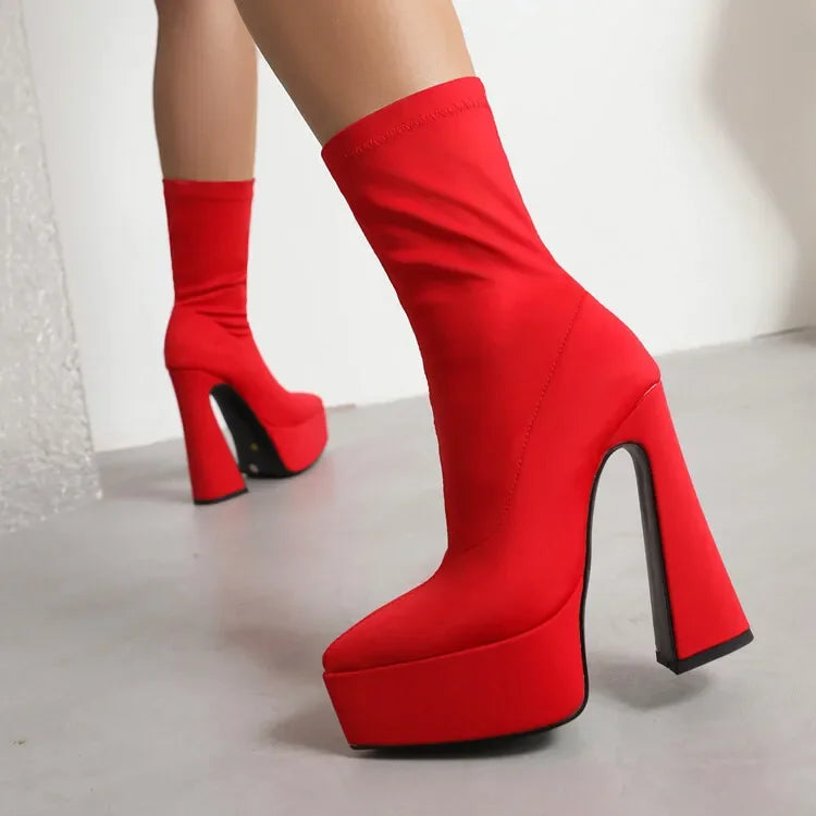 Denim Short Plush Boots Thick Bottom 15cm High Heel Pointed Elastic Size 34-45 Short Boots 2024 New Winter Women's Shoes