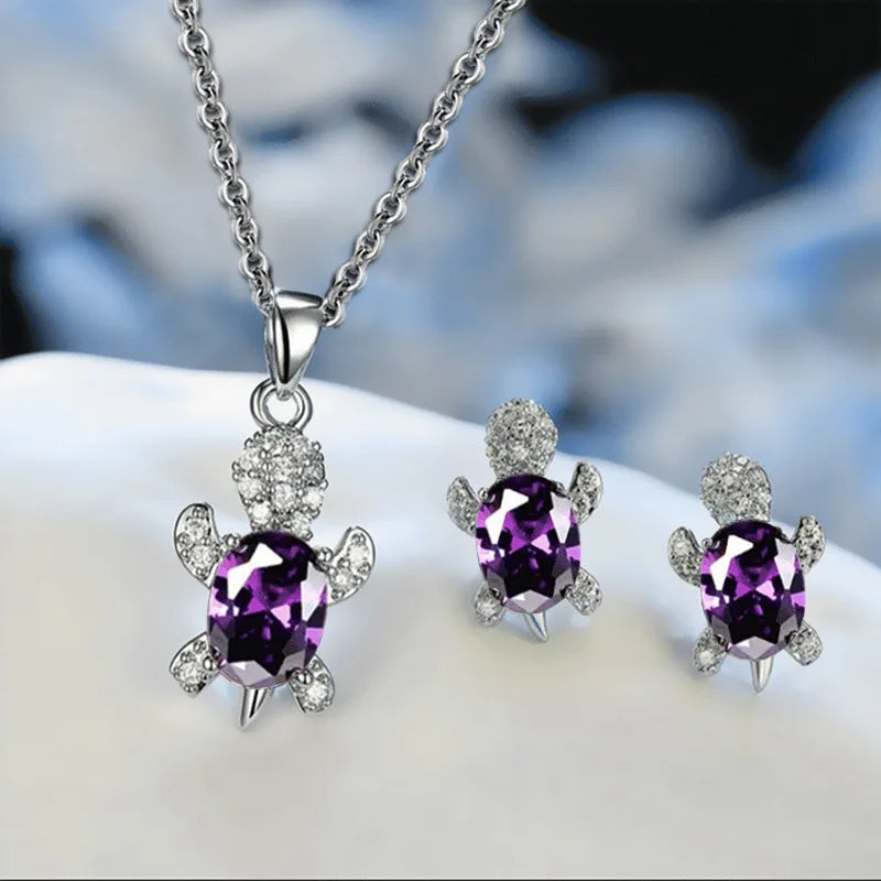 Set di orecchini con collana placcata in argento da 3 pezzi, da donna, leggero, di lusso, in stile moda, a forma di tartaruga con diamante in vetro multicolore
