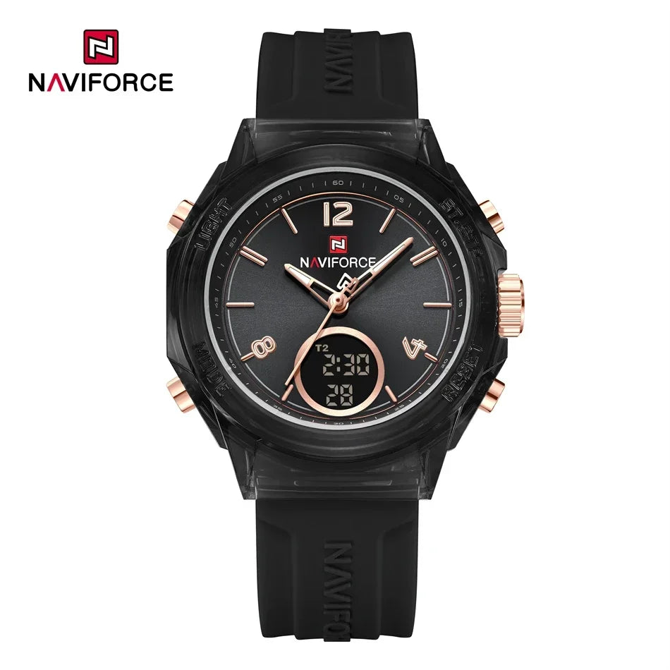 NAVIFORCE Orologio da donna di lusso Orologio sportivo all'aria aperta in oro Orologi impermeabili Doppio display dell'ora Orologi da polso al quarzo Orologio digitale in gomma