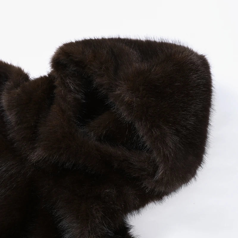 Cappotto da donna in pelliccia sintetica marrone con cappuccio Giacca da tasca a maniche lunghe di lusso oversize Lady 2025 Autunno Inverno Chic Street Capispalla