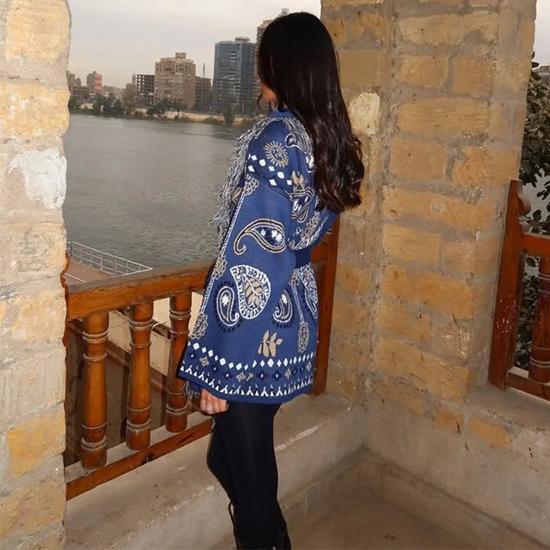 Cardigan Jacquard Lavorato a Maglia, Nuova Collezione Autunno 2026, Maglione Casual da Donna con Collo Alto e Maniche Lunghe, Cappotto in Maglia Stampata Larga