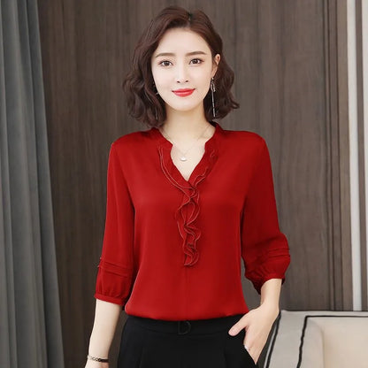 Camicia da donna primaverile ed estiva, scollo a V con maniche a tre quarti, vestibilità ampia e aderente, top con volant, DF3732