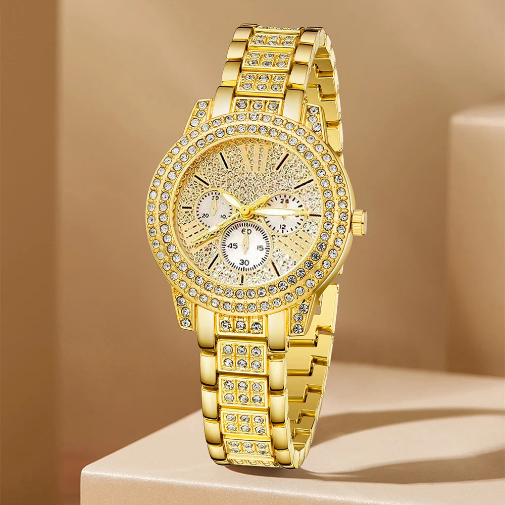 Montre à quartz pour femmes, bracelet de luxe en or, collier, boucles d'oreilles, strass, montre-bracelet tendance, montres décontractées pour dames, ensemble de bijoux