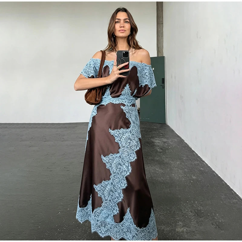 Elegante Abito Lungo da Donna con Pizzo e Patchwork, Vestito Urbano con Collo Asimmetrico e Maniche Corte, Stile Impero, Collezione Estate 2026
