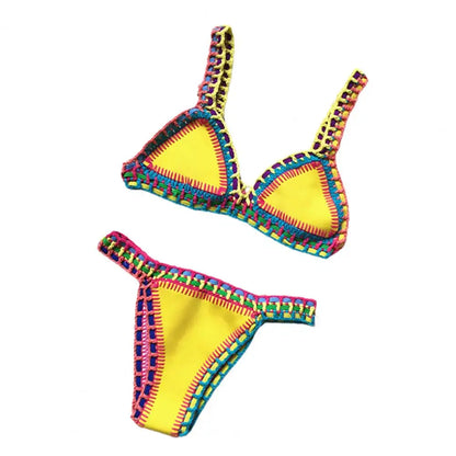2 Pcs/Set Summer Bikini Set Bathing Suit Bright Color Patchwork Beachwear Handmade Crochet Women Swimsuit for Beach