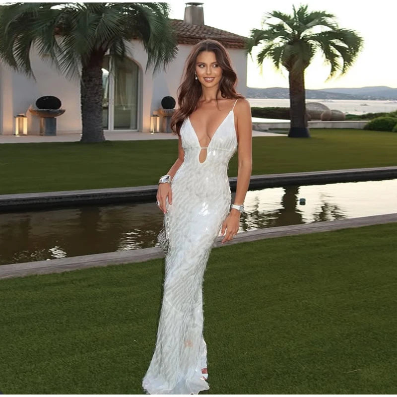 Abito lungo da donna con paillettes Abito lungo con scollo a V Solido Backless Vita alta Abiti senza maniche 2025 Moda Nuova estate Lady Party Robes