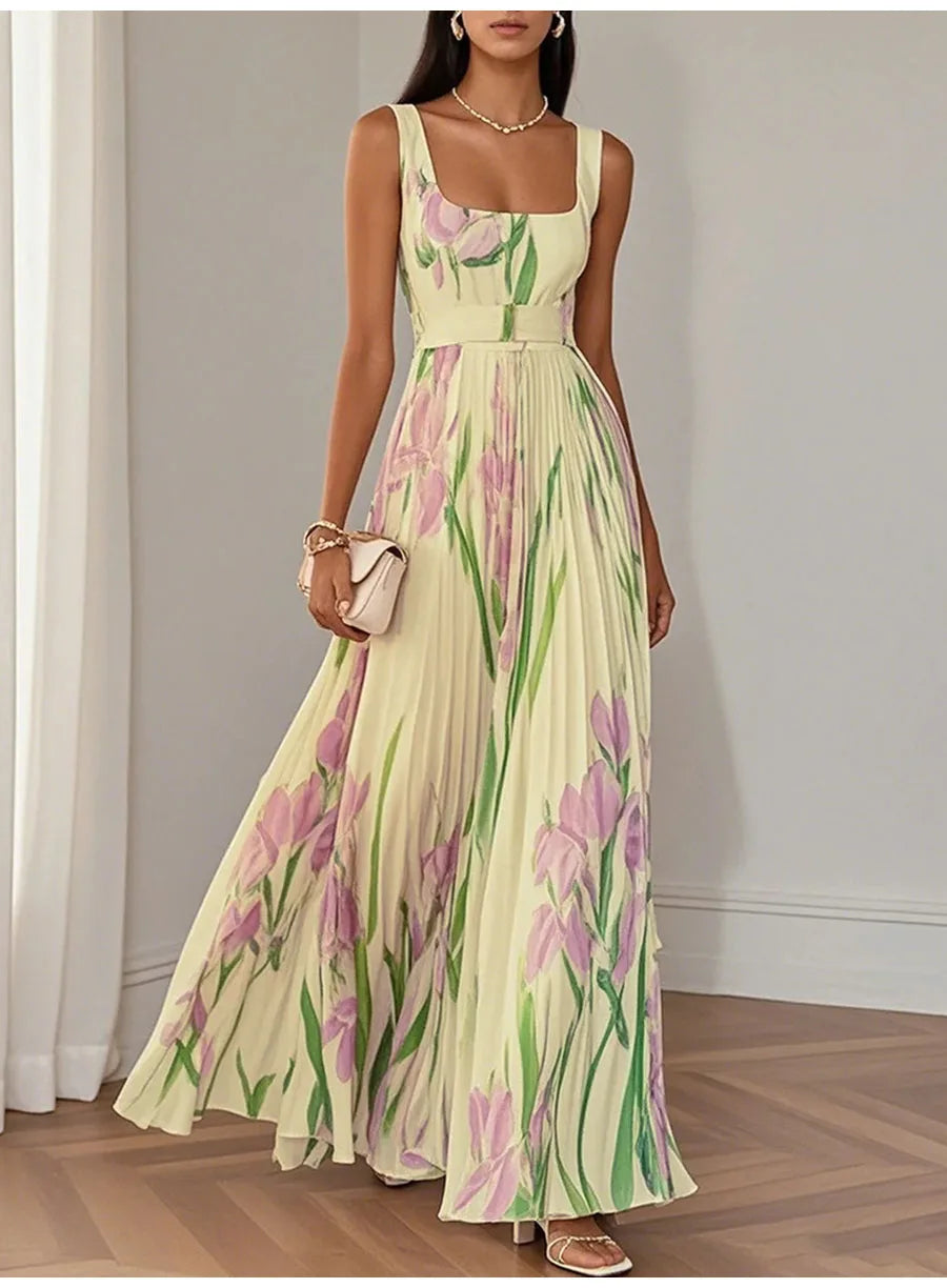 Abito lungo sexy con stampa floreale Donna Estate 2025 Abiti maxi con cinturino senza maniche alla moda eleganti