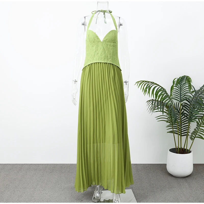 Chic Green Fishbone Halter Abito lungo Lady Solid Sexy Backless Pieghettato Off-spalla Abiti a trapezio 2025 nuovo abito da festa di Natale