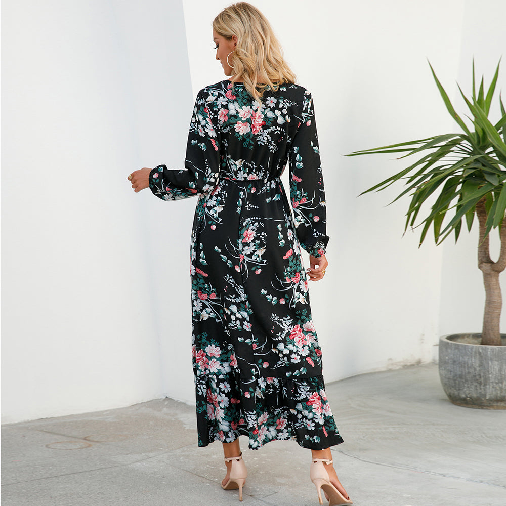 Maxi abiti da donna Sping autunno bohémien Casual manica intera vita alta spiaggia donna abiti in Chiffon abito lungo floreale vestido