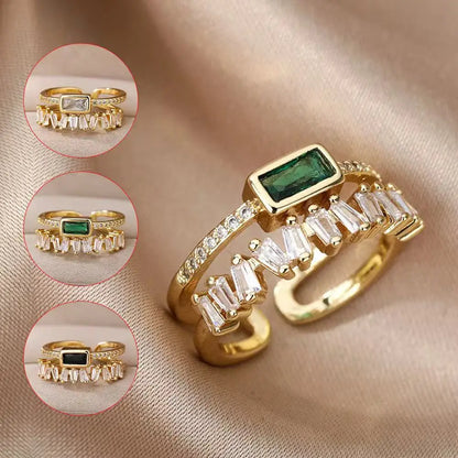 Classico anello retrò con zirconi a doppio strato verde chiaro, fede nuziale da donna in ottone placcato oro come regalo per mamma e amante