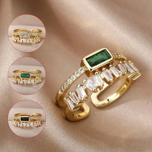 Classico anello retrò con zirconi a doppio strato verde chiaro, fede nuziale da donna in ottone placcato oro come regalo per mamma e amante