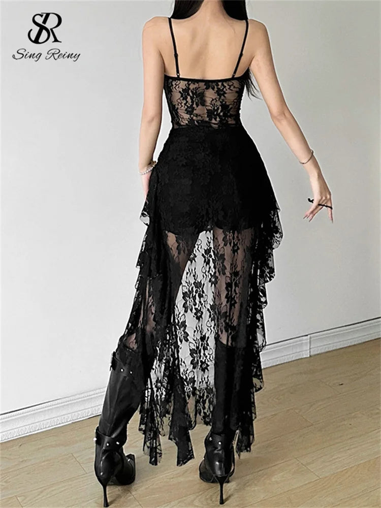 SINGREINY Abito lungo irregolare in pizzo da donna Camis Tubino Sensuale Abito trasparente Moda Streetwear Scava fuori Ruffles Abiti sexy