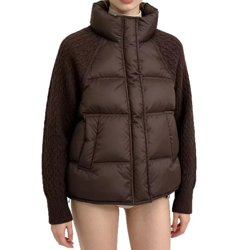 Nuova Giacca Invernale da Donna, Parka con Maniche in Maglia Patchwork, Colletto Alto, Cerniera, Imbottita in Cotone Spesso e Caldo, Cappotto Casual Femminile