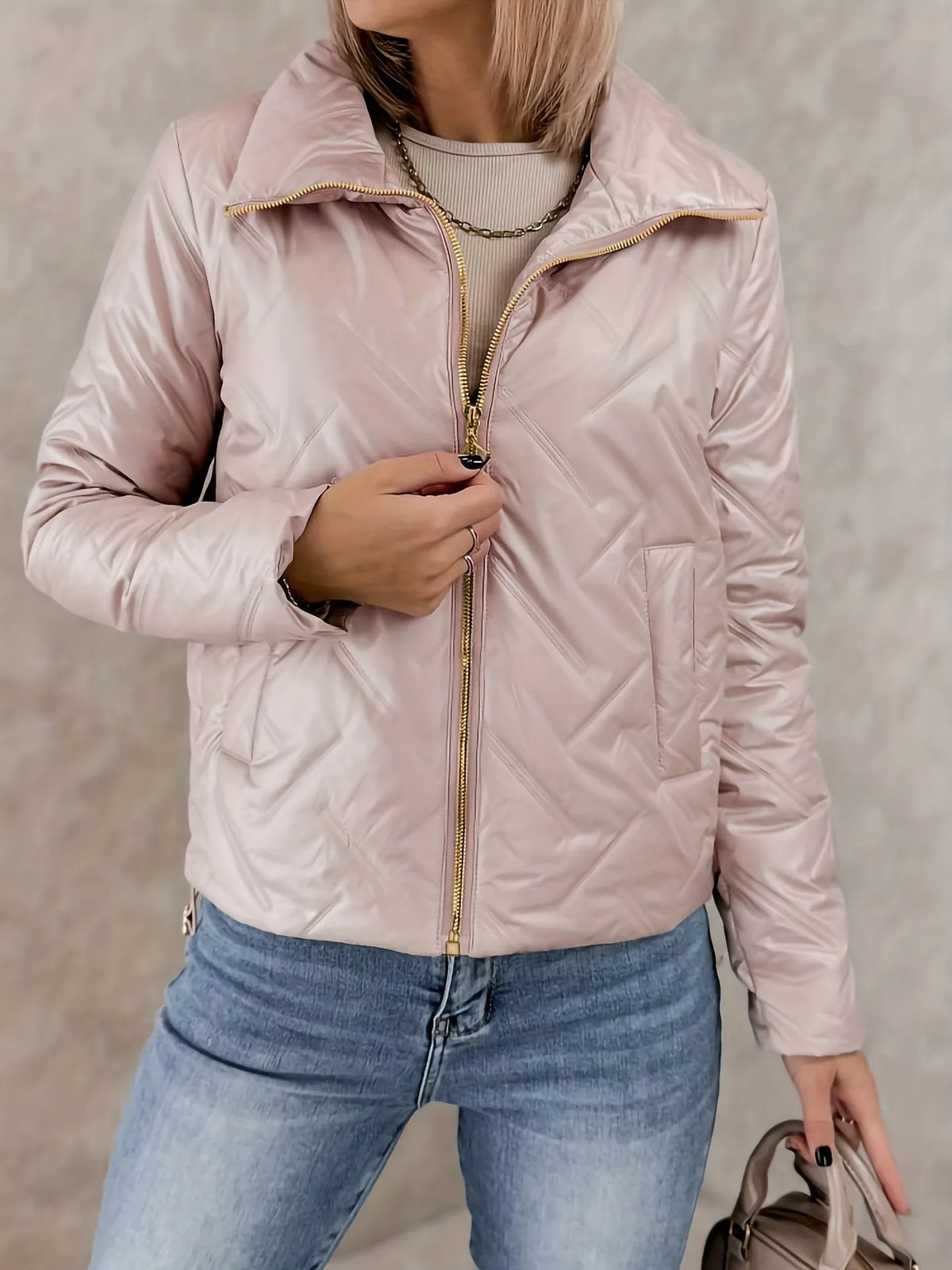 Abbigliamento donna 2025 Nuovo autunno e inverno Tinta unita a maniche lunghe Risvolto Elegante cerniera Giacca imbottita in cotone termico